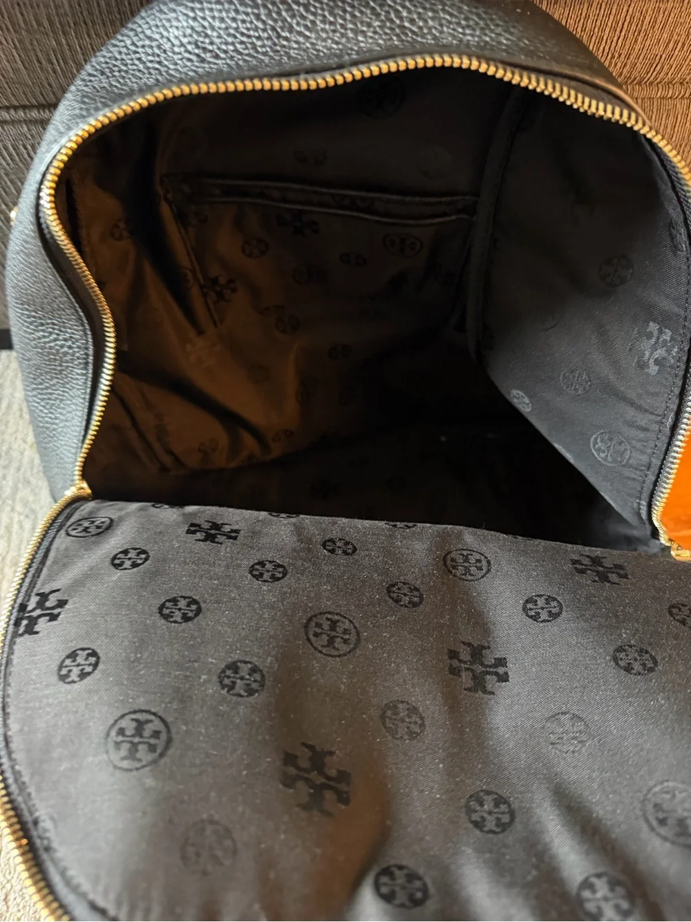 Tory Burch Black Pebbled Leather Backpack with Front Zip Pocket